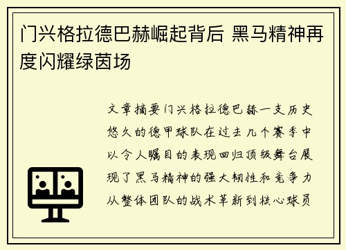 门兴格拉德巴赫崛起背后 黑马精神再度闪耀绿茵场